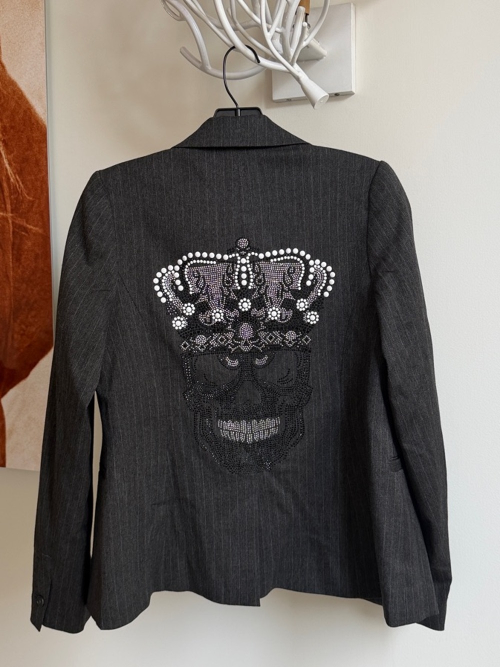 Dark Gray Women's Blazer with Embellished Crown Skull Back